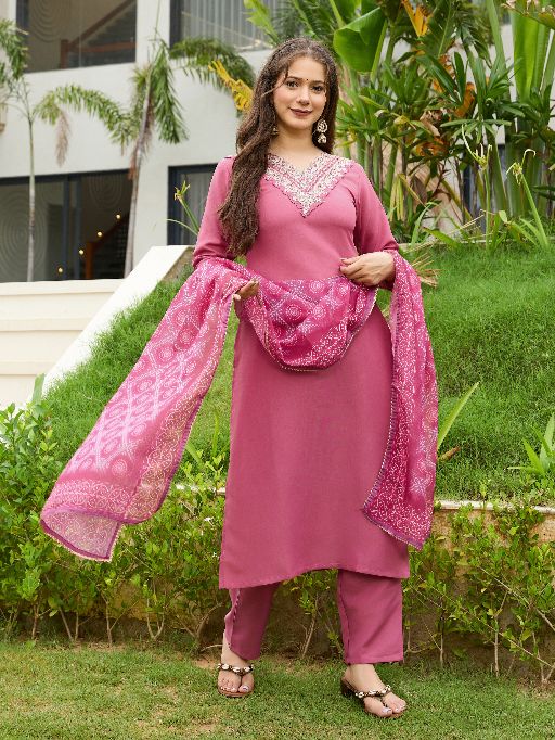 Women Beautiful Embroidery Rayon Fabric with Straight Kurta, Pant and Dupatta Set 698