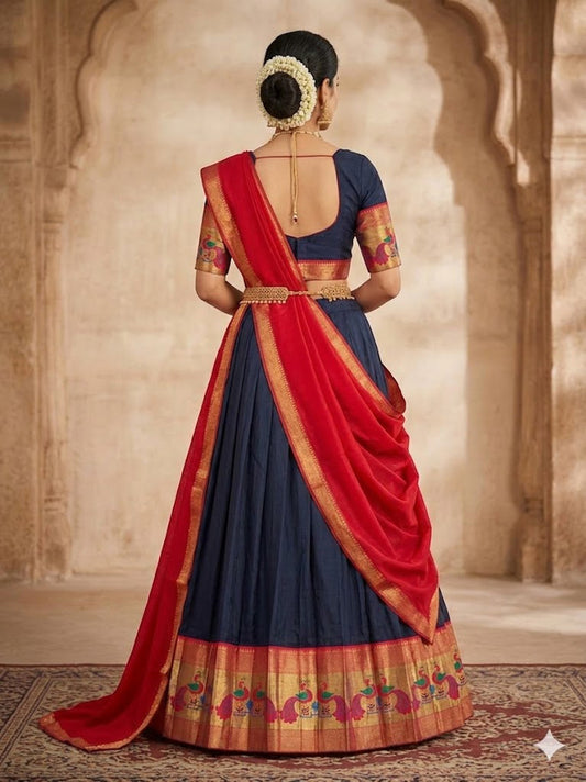 Black Kanchi Cotton Zari Weaving Work Semi-stitched Lehenga Choli with Dupatta