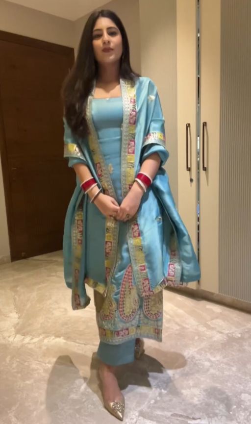 Beautiful Women's Chinon fabric Embroidery work Kurta with Pant and Dupatta set