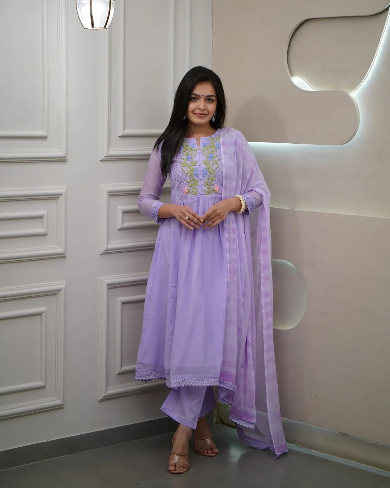 Women's Beautiful Georgette Fabric Thread Work Flared Kurta Pant and Dupatta Set