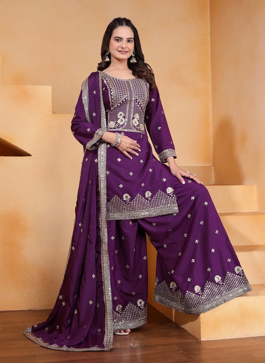 Women's Gorgeous Embroidery Work Natural Crep Fabric Straight Kurta Sharara and Dupatta Set