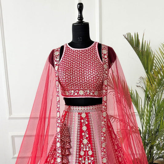 Designer Red Embroidered Bridal Lehenga Choli Set with Net Dupatta