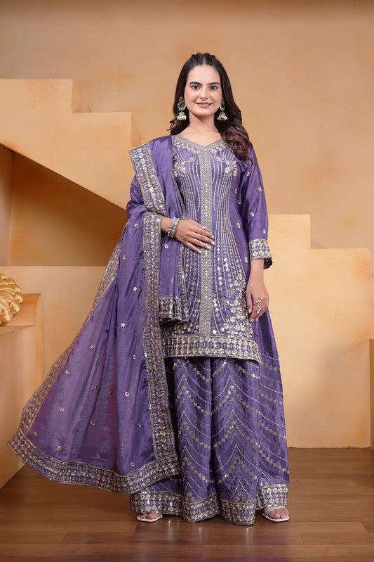 Women's Gorgeous Embroidery Work Chinon Fabric Straight Kurta Sharara and Dupatta Set-118