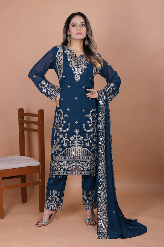 Women's Beautiful Embroidery Fox Georgette Fabric Straight Kurta Pant and Dupatta Set
