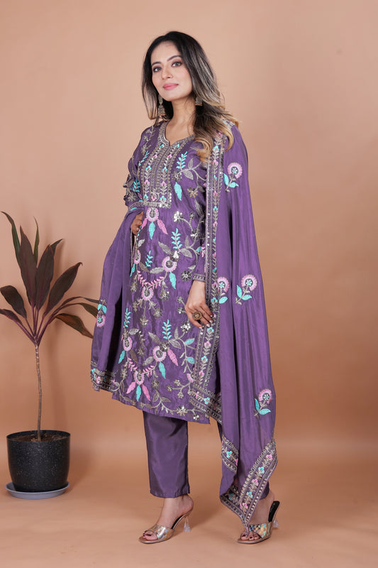 Women's Beautiful Embroidery Chinon Fabric Straight Kurta Pant and Dupatta Set
