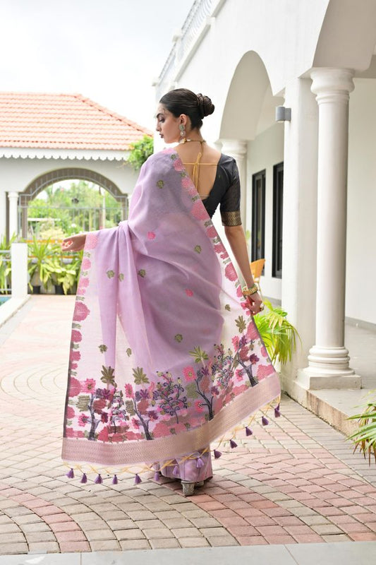 Purple Color Chanderi Cotton Fabric Weaving Reshan Flower Designer Ethnic Saree