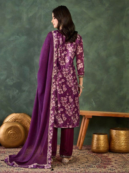 Wine Color Chinon Silk Fabric Designer Embroidery Work Graceful Partywear Suit
