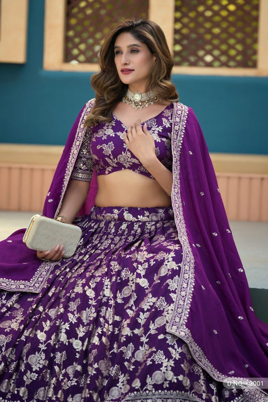 Purple Dola Silk Semi Stitched Lehenga Choli with Heavy Embroidery Work