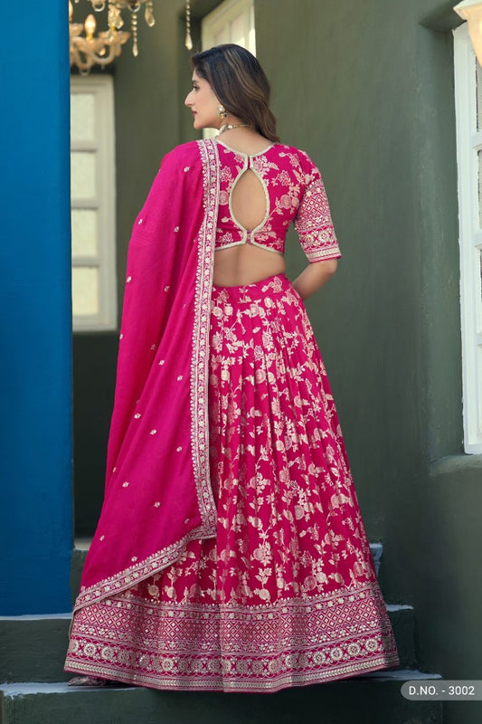 Magenta Dola Silk Semi Stitched Lehenga Choli with Heavy Embroidery Work