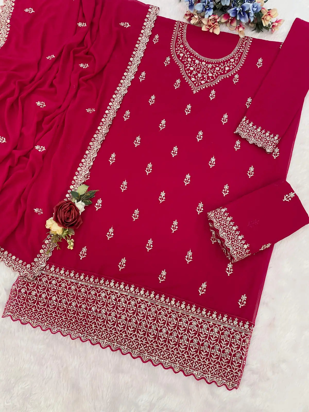 Red Georgette Semi Stitched Suit with Heavy Embroidery Work