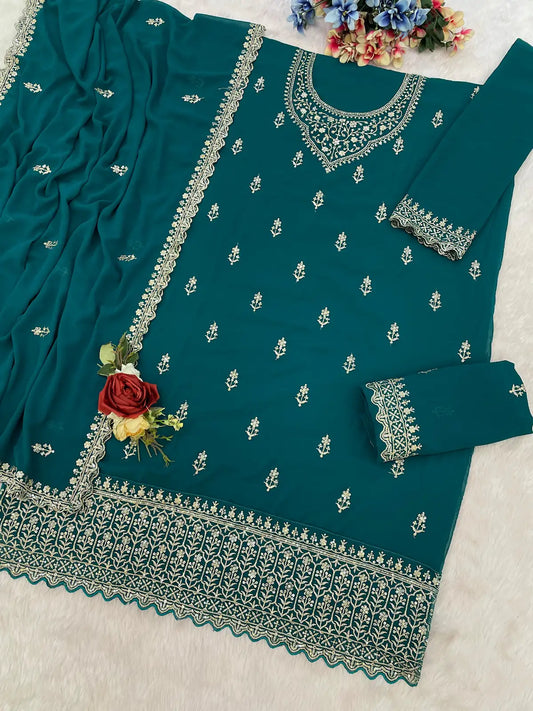 Teal Green Georgette Semi Stitched Suit with Heavy Embroidery Work