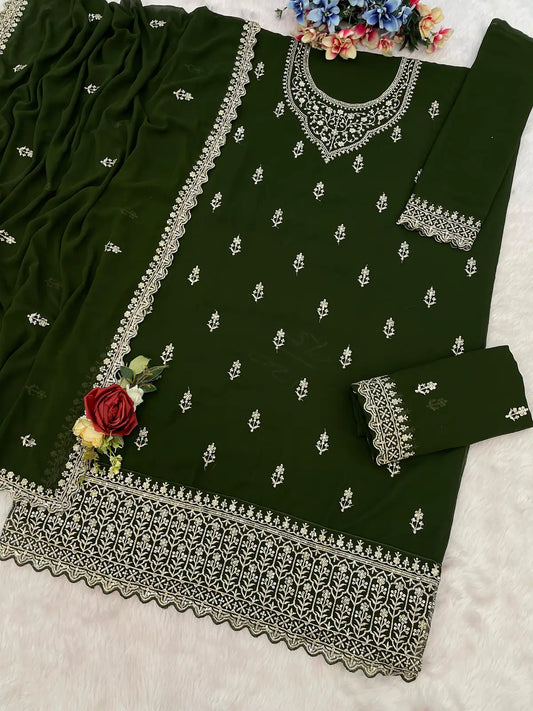 Mehendi Georgette Semi Stitched Suit with Heavy Embroidery Work