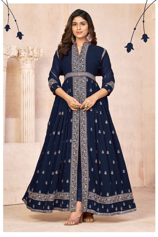 Navy Blue Embroidered Faux Georgette Semi Stitched Anarkali Suit