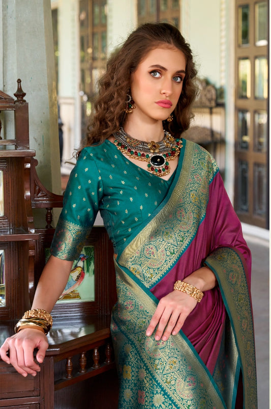 Wine soft silk zari weaving saree with blouse Piece