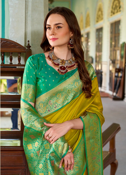 Mustard soft silk zari weaving saree with blouse Piece