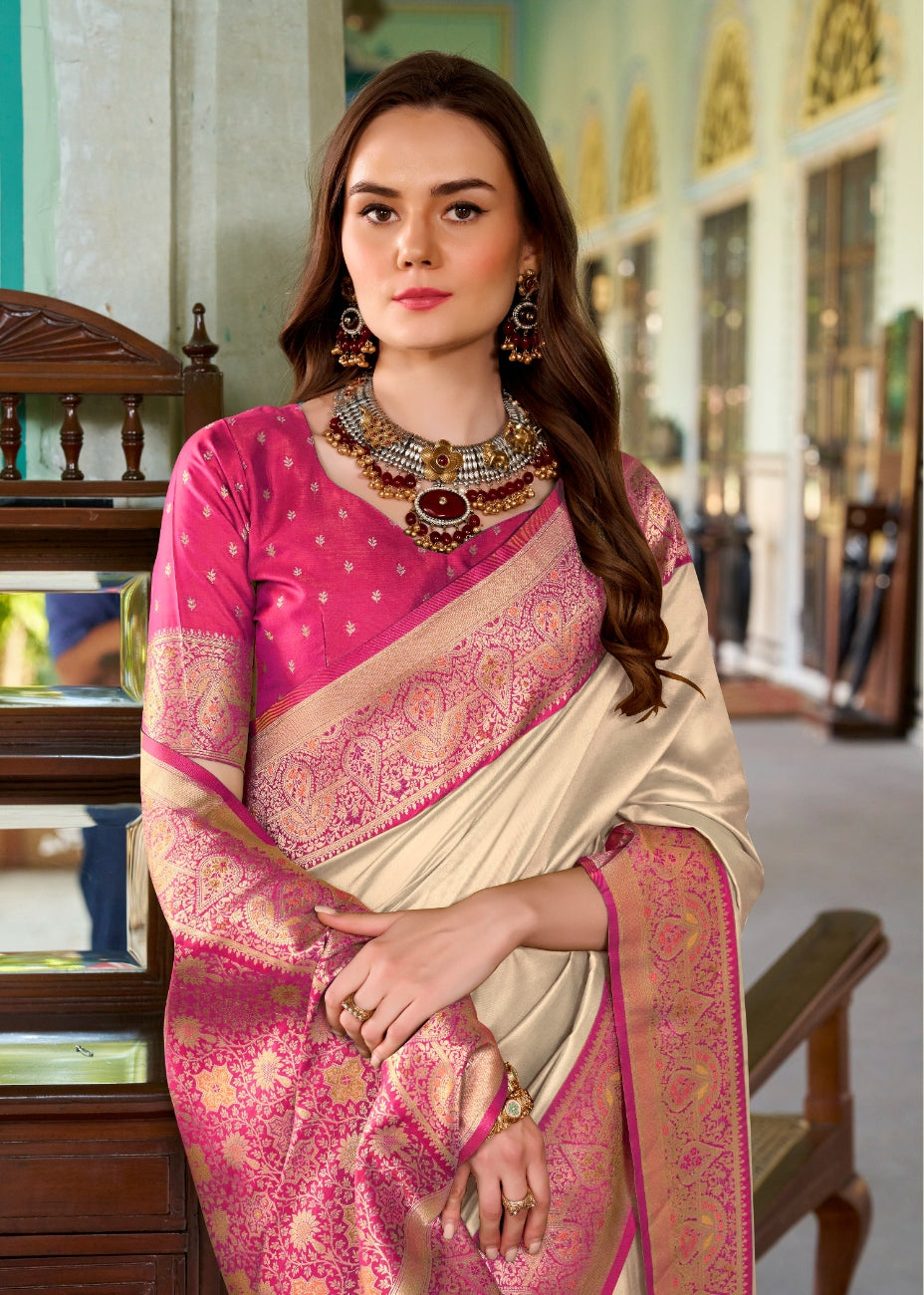 Beige soft silk zari weaving saree with blouse Piece