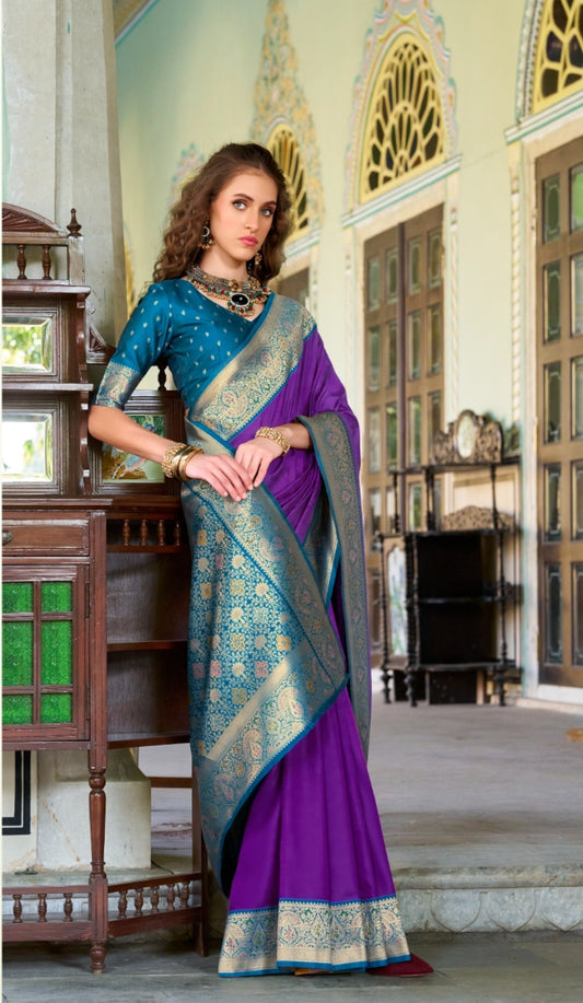 Violet soft silk zari weaving saree with blouse Piece