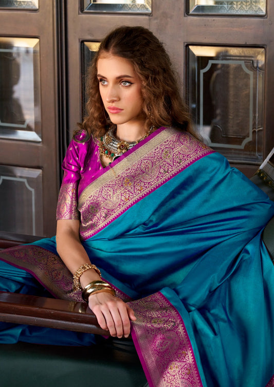 Teal soft Banarasi silk zari weaving saree with blouse Piece