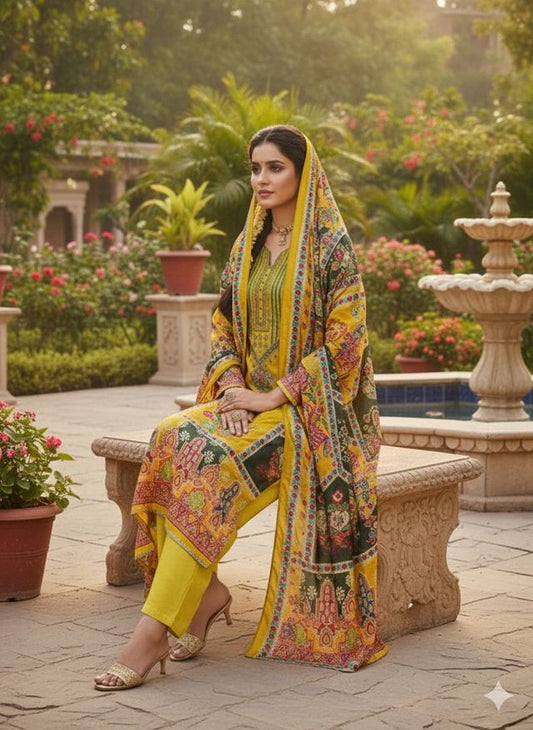 Yellow Color Chinon Fabric Designer Printed Ethnic Ceremonial Suit