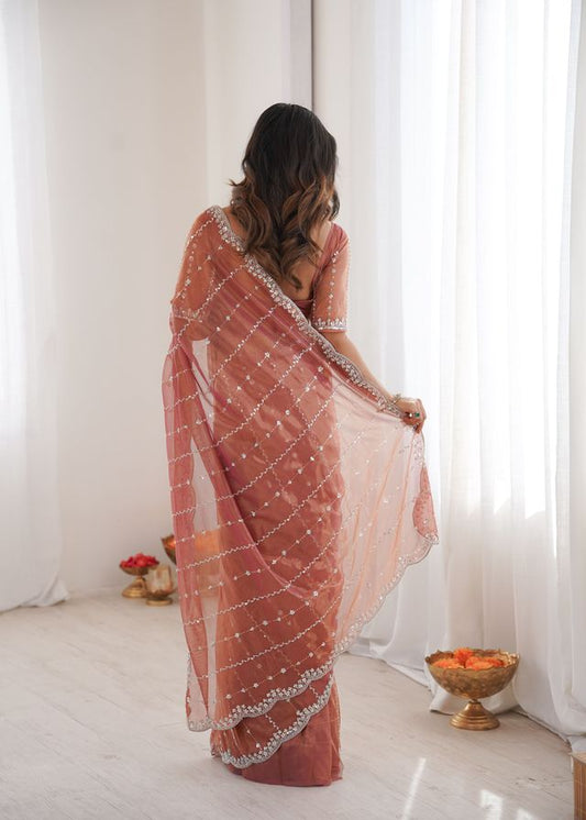 Peach Color Twill Net Fabric Ethnic And Girlie Ceremonial Saree For Girls