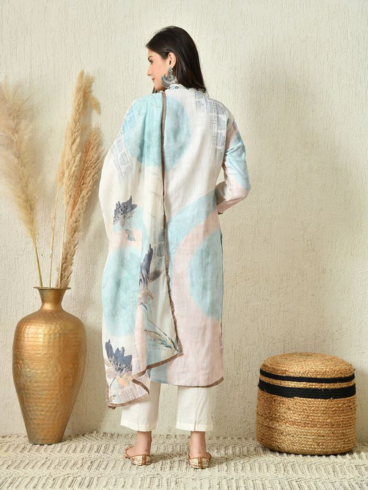 Off White Color Linen Fabric Designer Partywear Readymade Suit