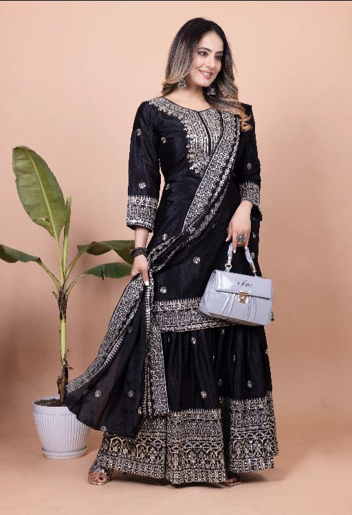 Beautiful Women's Chinon fabric Embroidery work Kurta with Palazzo and Dupatta set