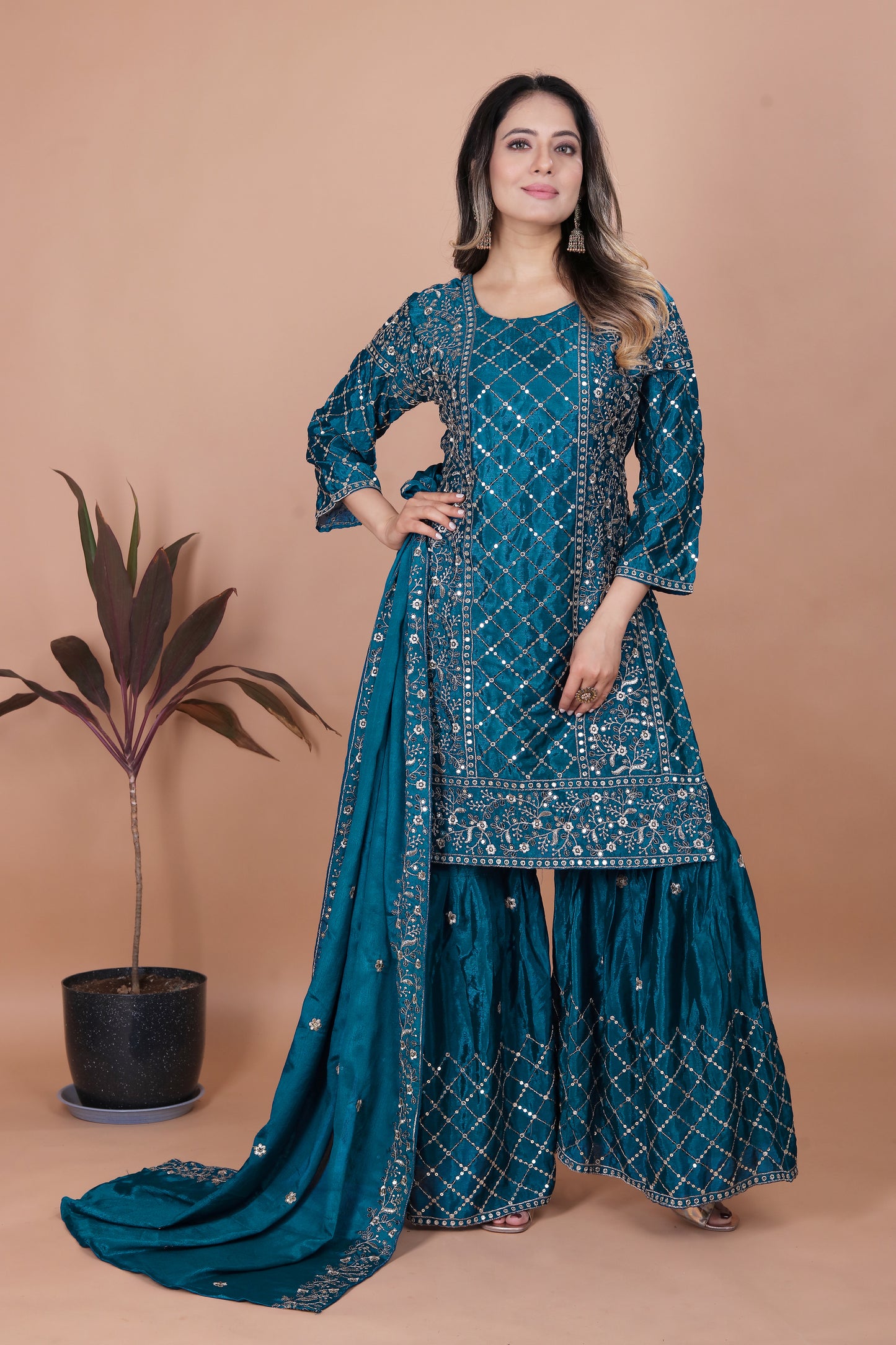Women's Gorgeous Embroidery Chinon Fabric Straight Kurta Sharara and Dupatta Set