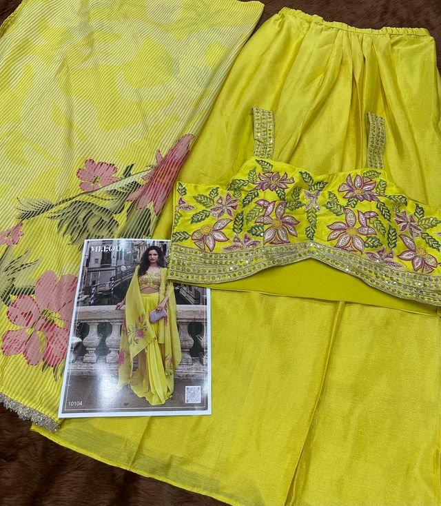 Yellow Chinon Silk Indowestern Crop Top, Skirt And Shrug Set Free Size Full Stitched Upto 42