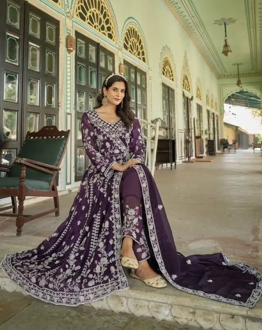 Purple Silk Semi Stitched Anarkali Suit with Embroidery & Sequins Work
