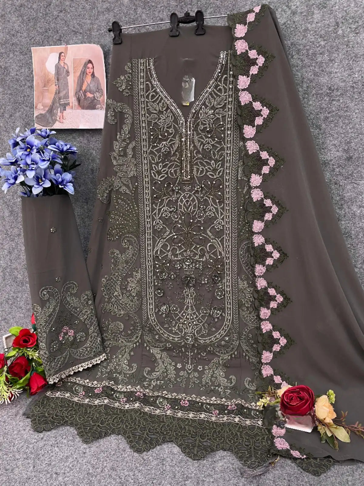Dark Grey Faux Georgette Semi Stitched Suit with Embroidery Work