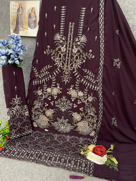 Dark Purple Faux Georgette Semi Stitched Suit with Embroidery Work