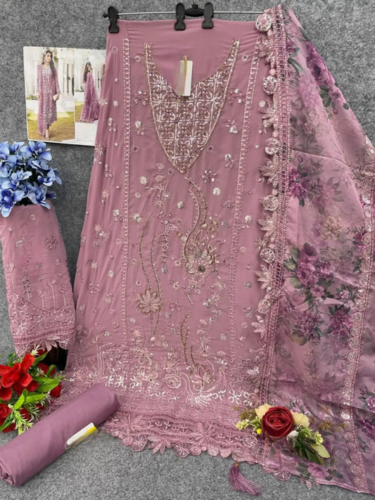 Pink Faux Georgette Semi Stitched Suit with Embroidery Work