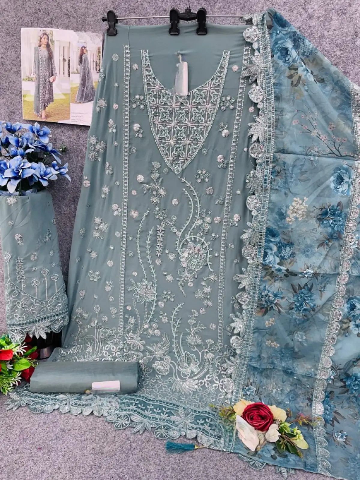 Sky Blue Faux Georgette Semi Stitched Suit with Embroidery Work