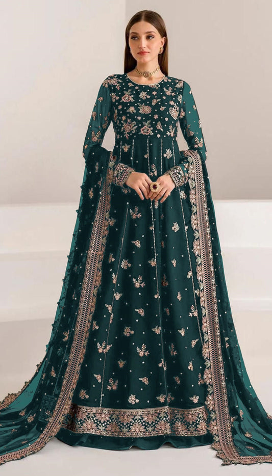 Teal Green Fauk Gerogette Sequence Embroidered Semi Stitched Salwar Suit