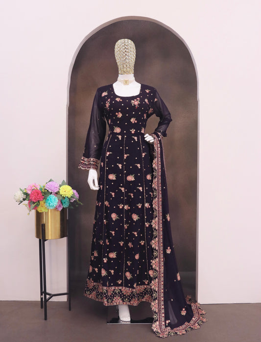 Purple Fauk Gerogette Sequence Embroidered Semi Stitched Salwar Suit