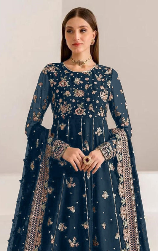 Navy Blue Fauk Gerogette Sequence Embroidered Semi Stitched Salwar Suit