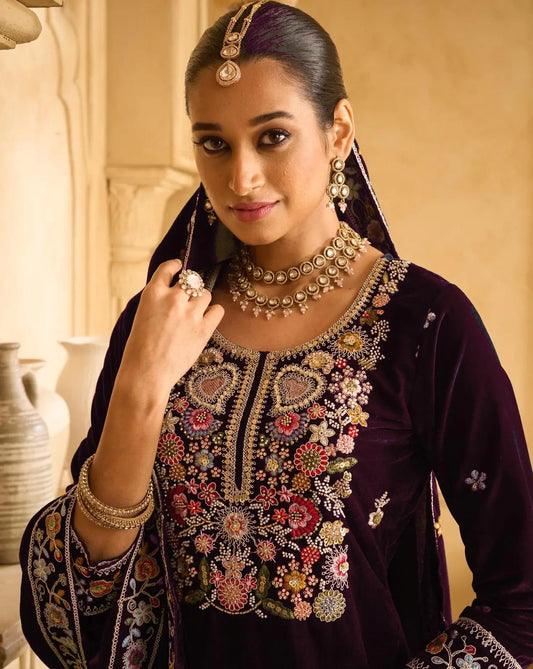 Wine Embroderied Velvet Semi-Stitched Plazo Suit