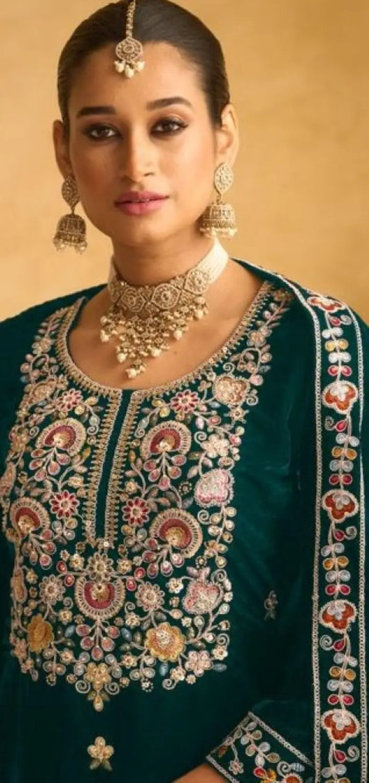 Dark Green Embroderied with Beads Velvet Semi-Stitched Plazo Suit