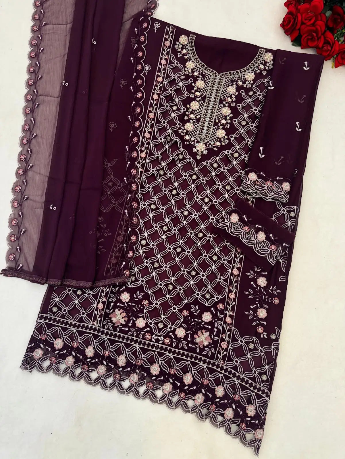 Purple Chiffon Semi Stitched Suit with Embroidered Sequence Work
