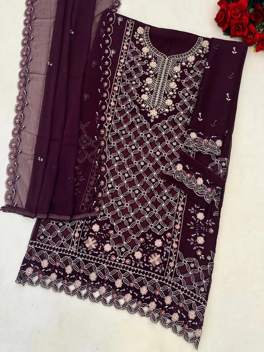 Purple Chiffon Semi Stitched Suit with Embroidered Sequence Work