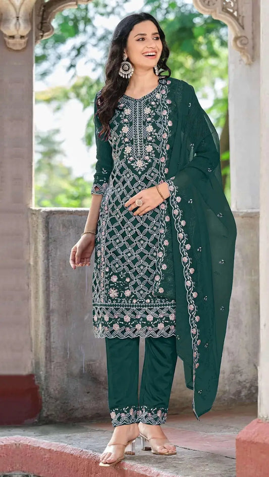 Green Chiffon Semi Stitched Suit with Embroidered Sequence Work