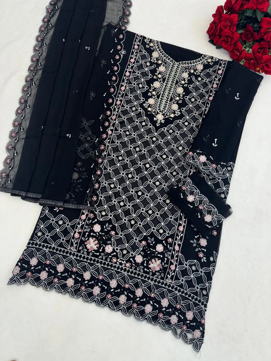 Black Chiffon Semi Stitched Suit with Embroidered Sequence Work