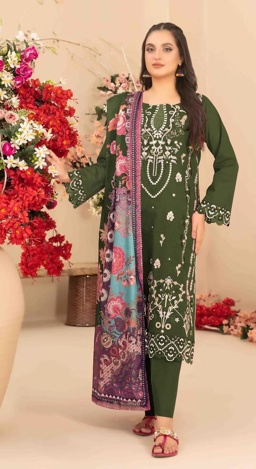 Mehendi Cambric Cotton Semi Stitched Suit with Embroidered & Khatli Work