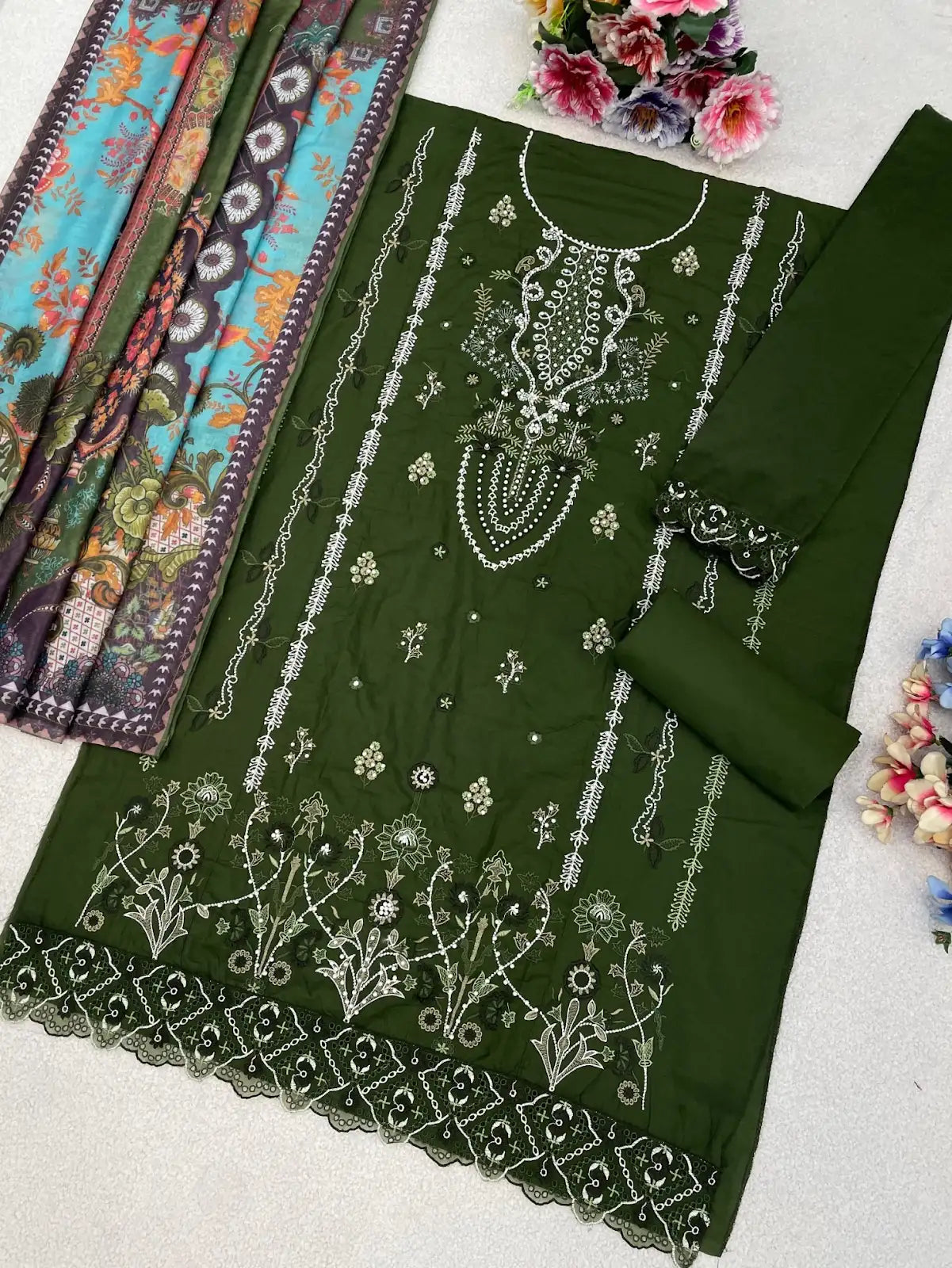 Cambric Cotton Semi Stitched Suit with Embroidered & Khatli Work