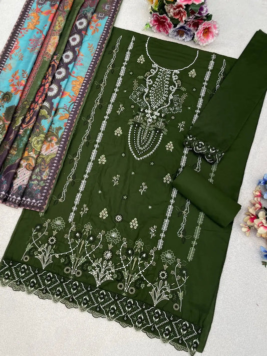 Cambric Cotton Semi Stitched Suit with Embroidered & Khatli Work