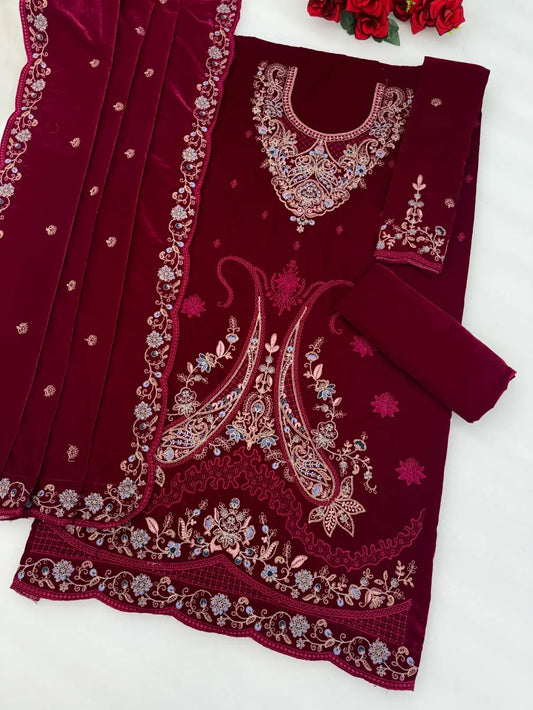 Red Velvet Semi Stitched Suit with Embroidery Codding Work