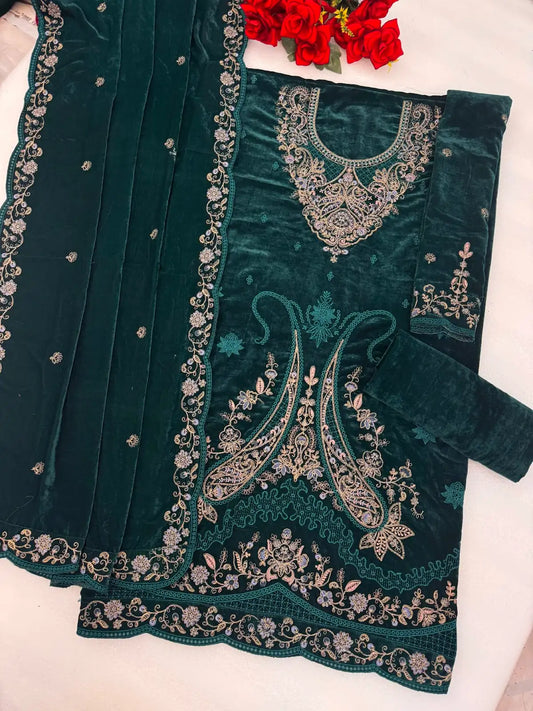 Dark Green Velvet Semi Stitched Suit with Embroidery Codding Work