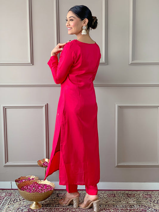 Red Women Embroidered Viscose Kurta Pant and Dupatta set
