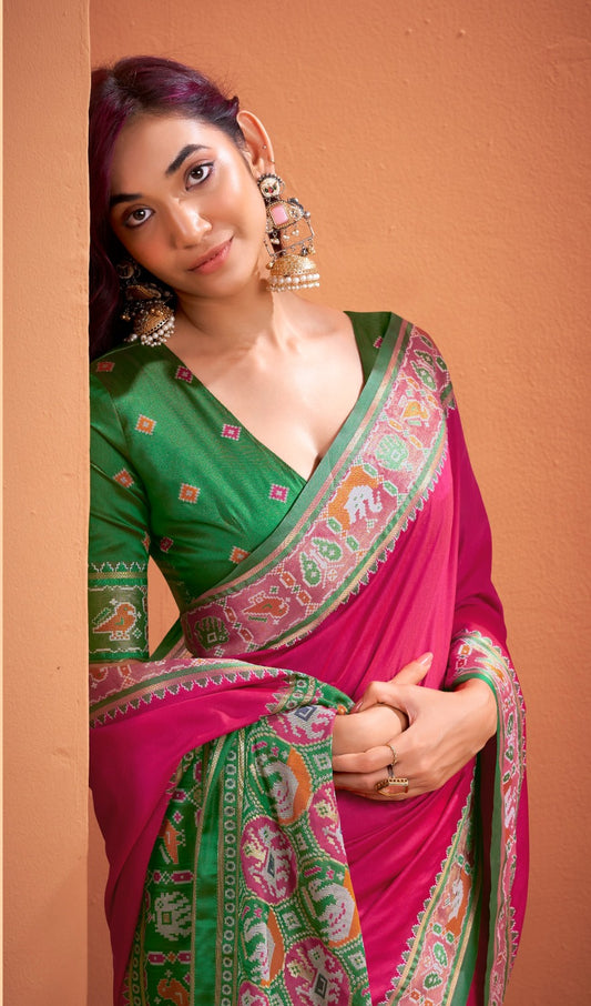 Magenta silk zari weaving with classic patola saree With blouse