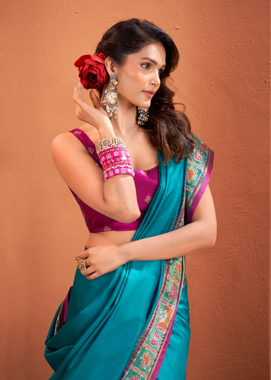 Teal soft Silk Zari weaving work saree with blouse